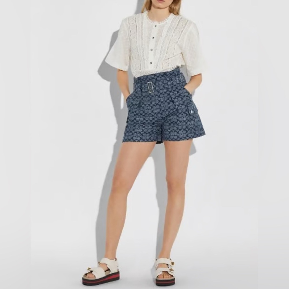 Coach NWOT Chambray High Waisted Retro Cotton Denim Blue Belted Shorts (Size 2) - Picture 2 of 3